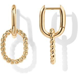 Women Gold Huggie Paperclip Cubic Zirconia Two-Toned Rope Drop Dangle Earrings